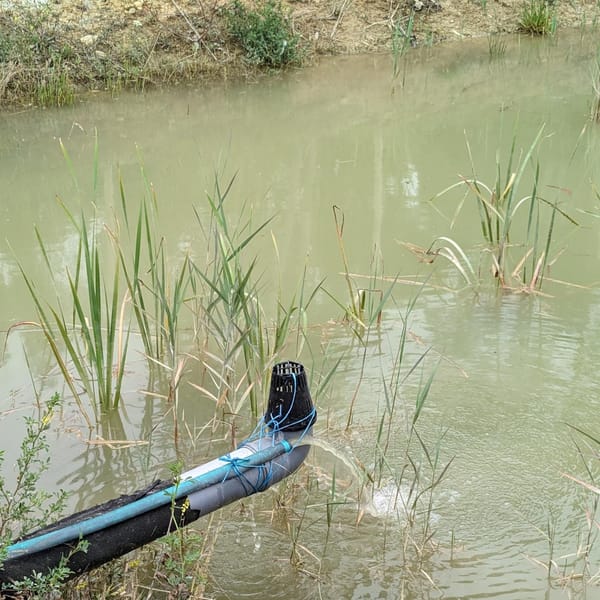 Experimenting with using a float valve controlled pump to move dirty water from the duck pond up into the west pond