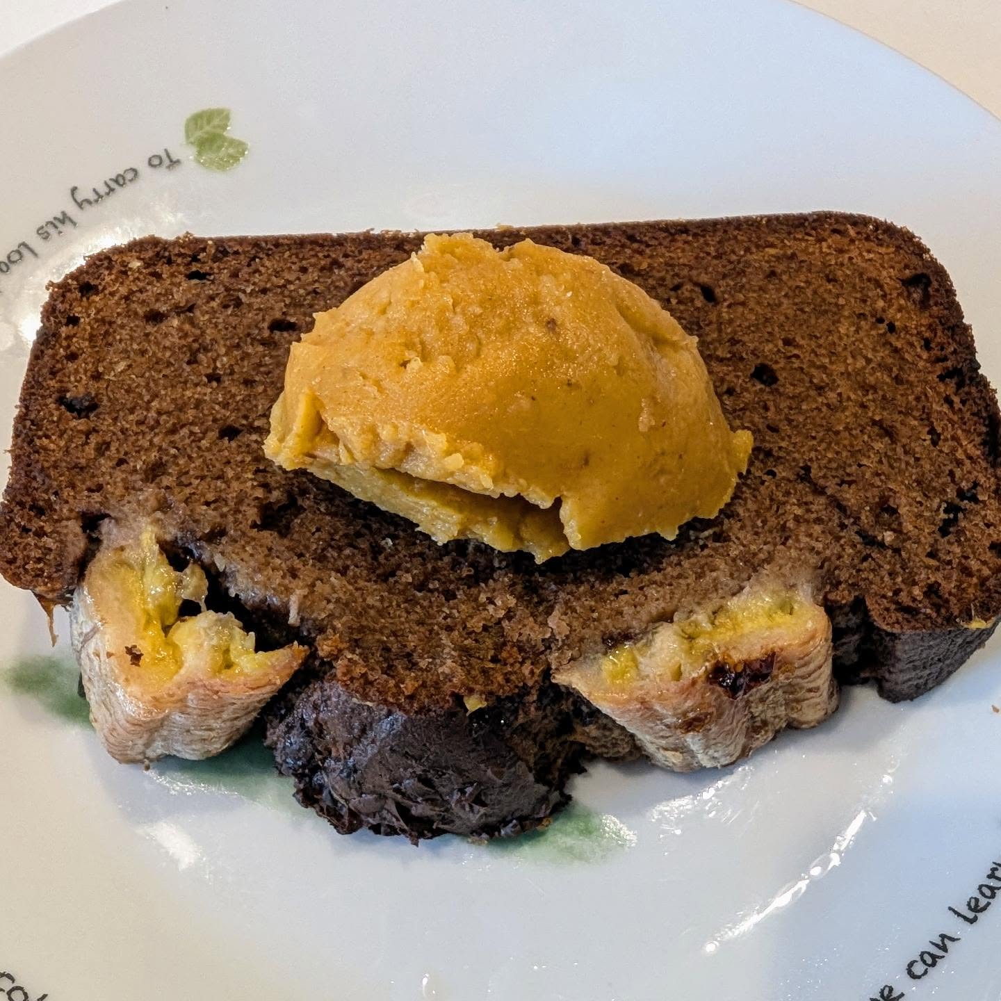 Homemade healthy banana bread with homemade marmelade.