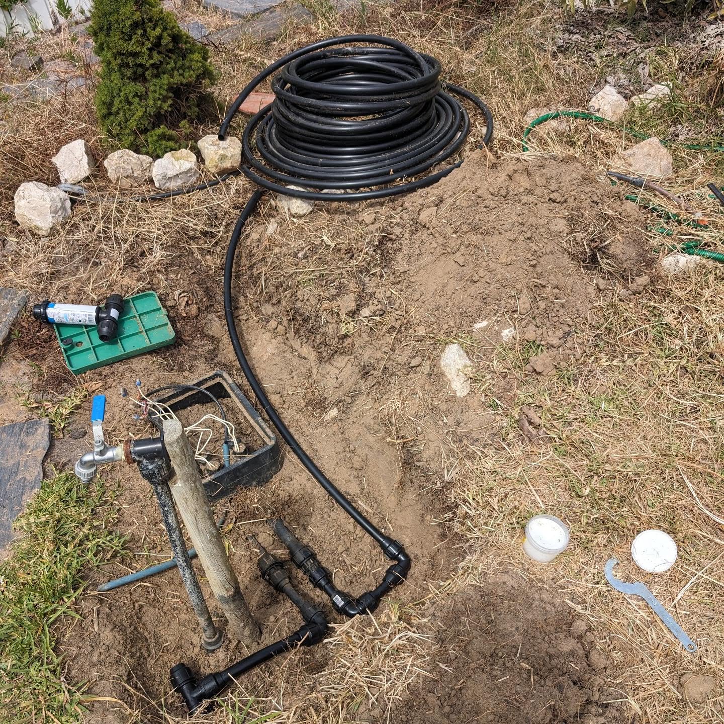 Resumed work on irrigation for the guest gardens and the lawn.