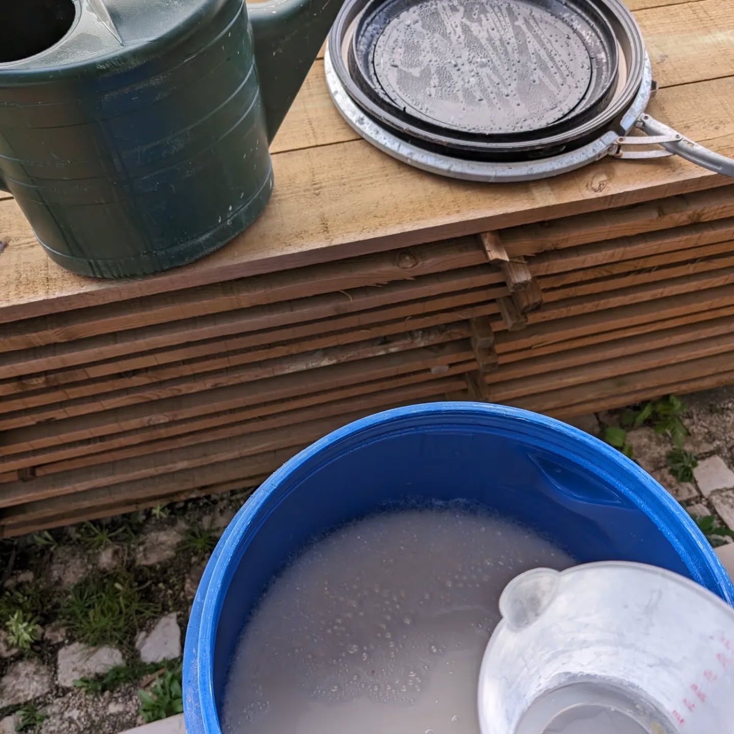 Manually applying JADAM wetting agent (JWA) to bare, hydrophobic sand areas.