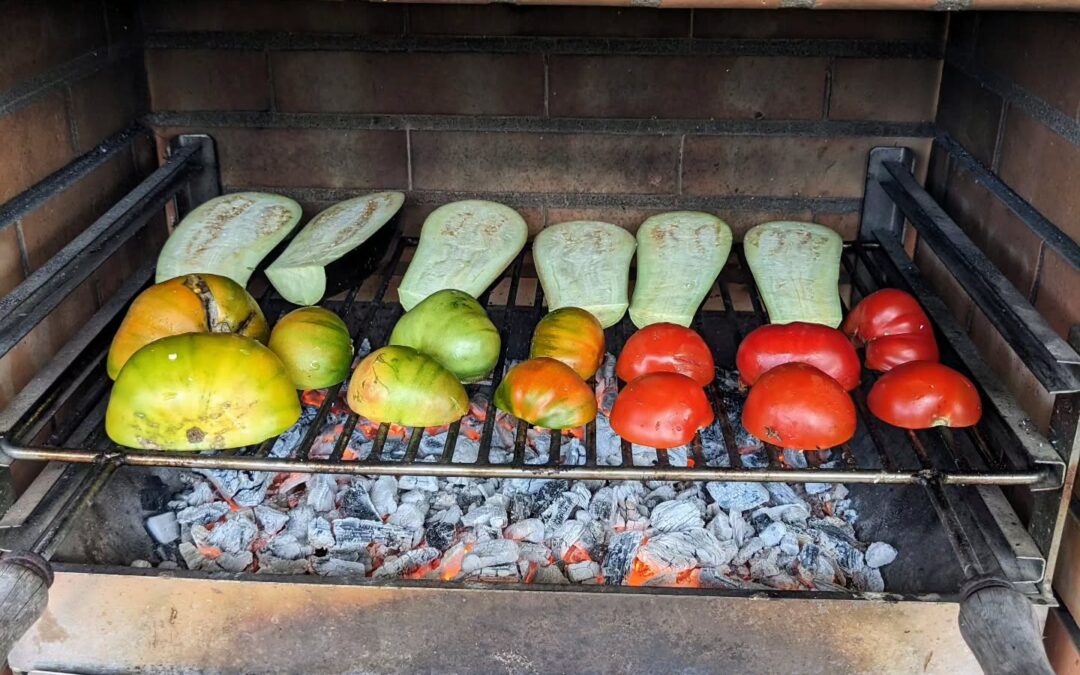 Grilling veggies from the garden to make zacuscă.