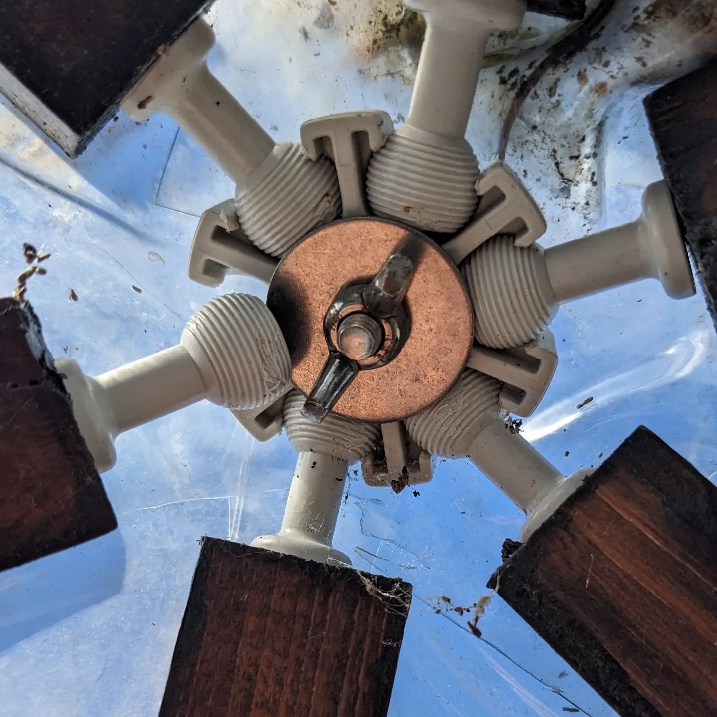 Greenhouse trouble: one end of a frame stick popped out of it’s hub.