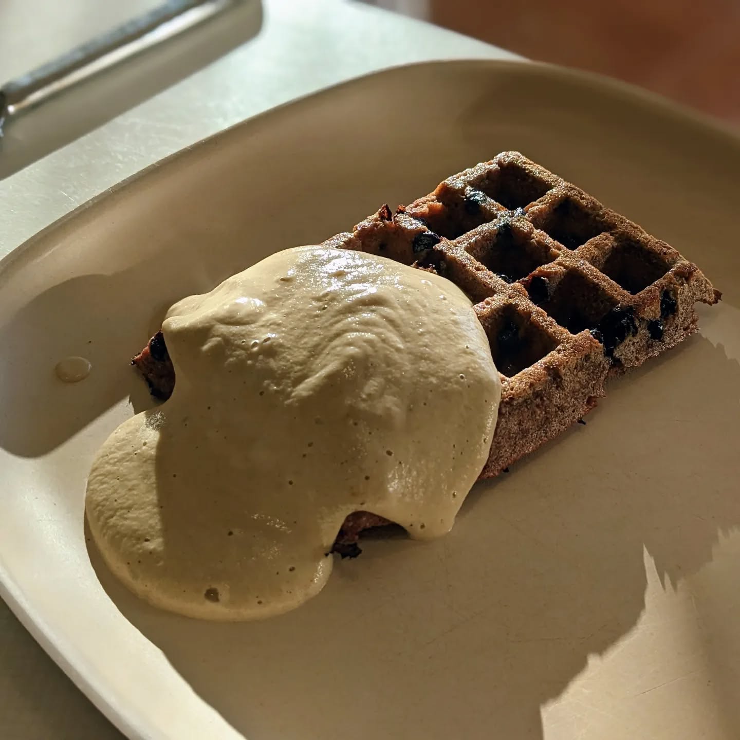 Beetroot waffles with pear sauce. A delicious way to start the day.