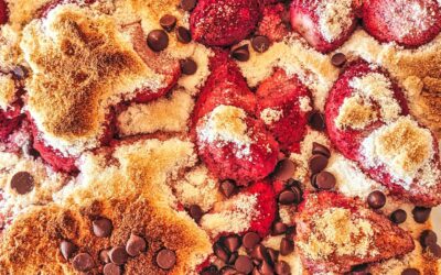 A decadent breakfast, to celebrate the day. Strawberries and walnuts covered in coconut flour and chocolate nibs. They were baked and then served with homemade goat milk yogurt.