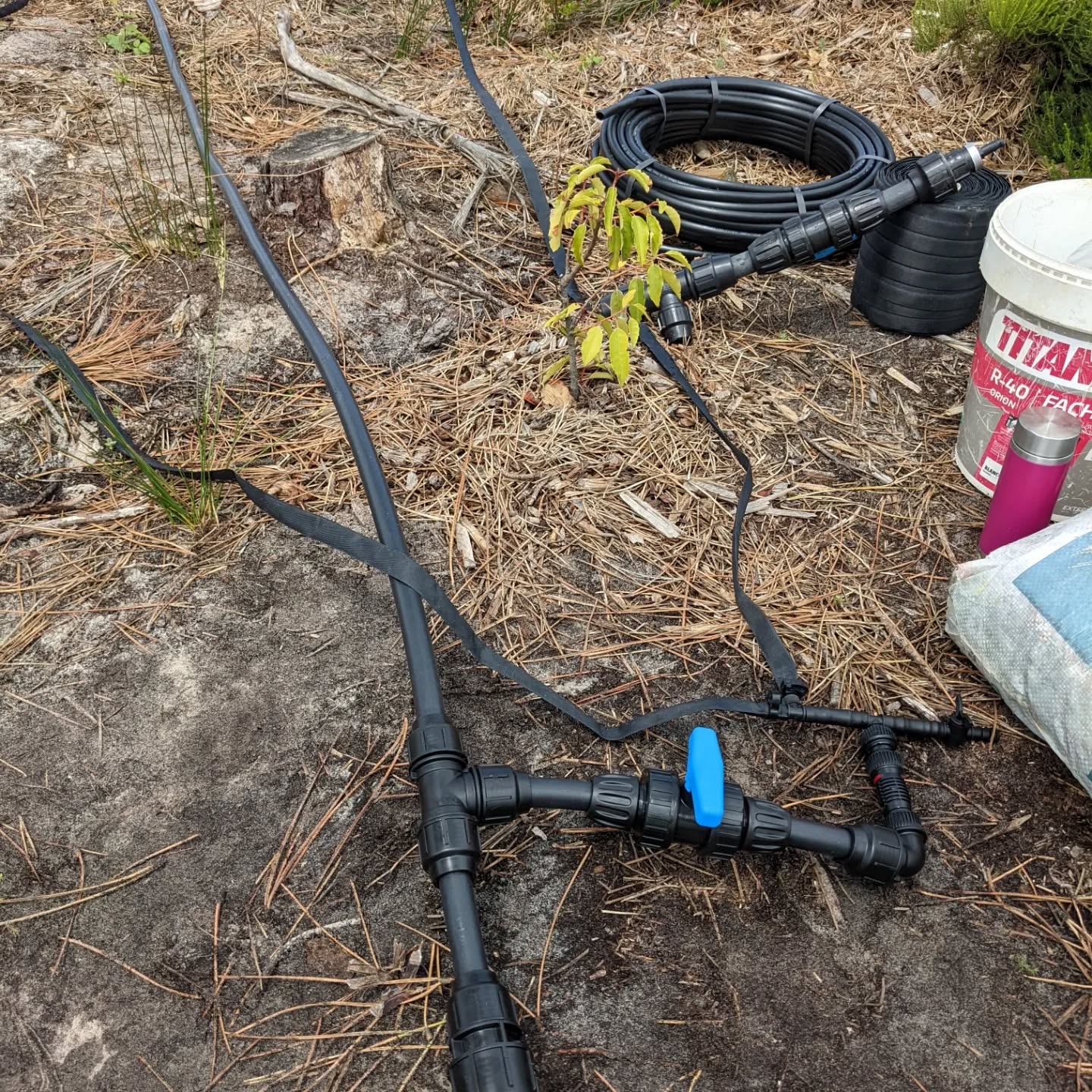 Simplified and improved the fittings for yesterday’s soaker hoses, and took the opportunity to finish installing a water tap.