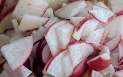 Radishes from our garden being prepared for breakfast. Yummy 😋