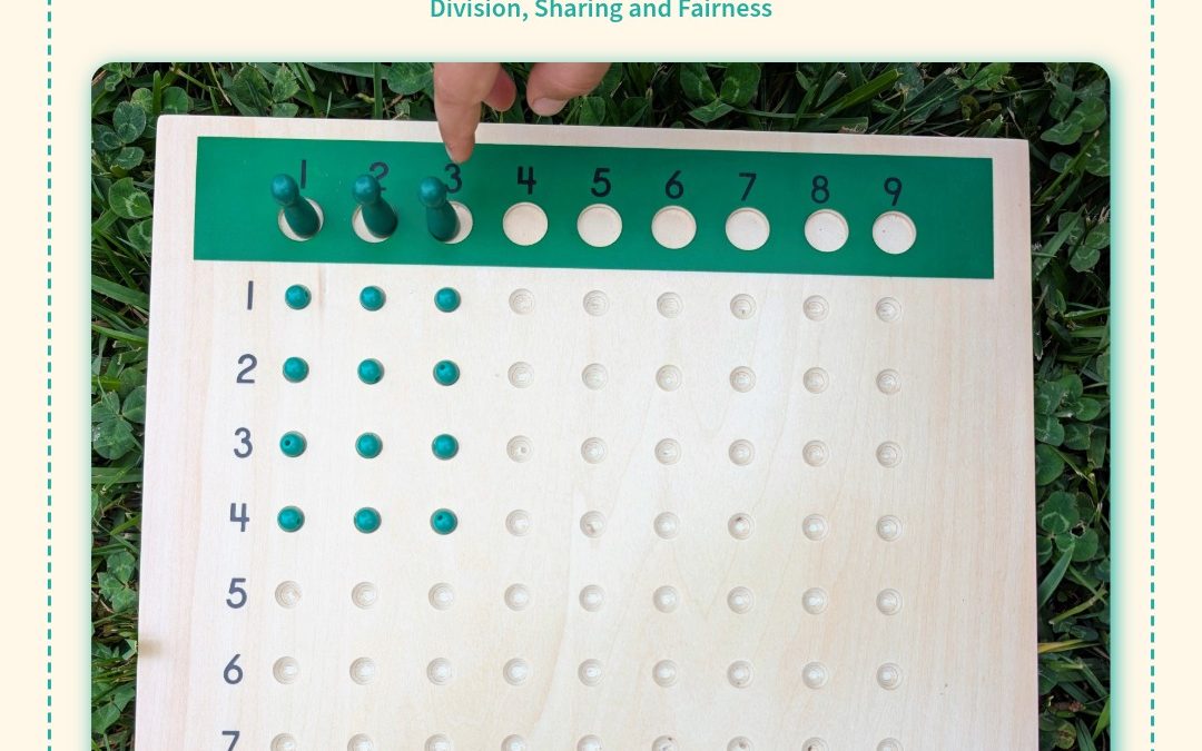 Três pinos no três. Um furo por cada conta. No quadro de divisão Montessori, a matemática é limpa e exata: cada grupo recebe a mesma quantidade, sempre.