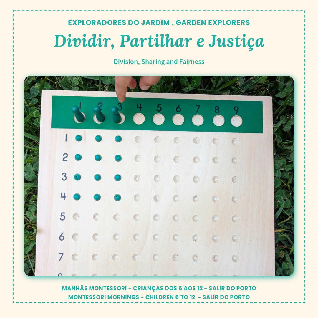 Três pinos no três. Um furo por cada conta. No quadro de divisão Montessori, a matemática é limpa e exata: cada grupo recebe a mesma quantidade, sempre.